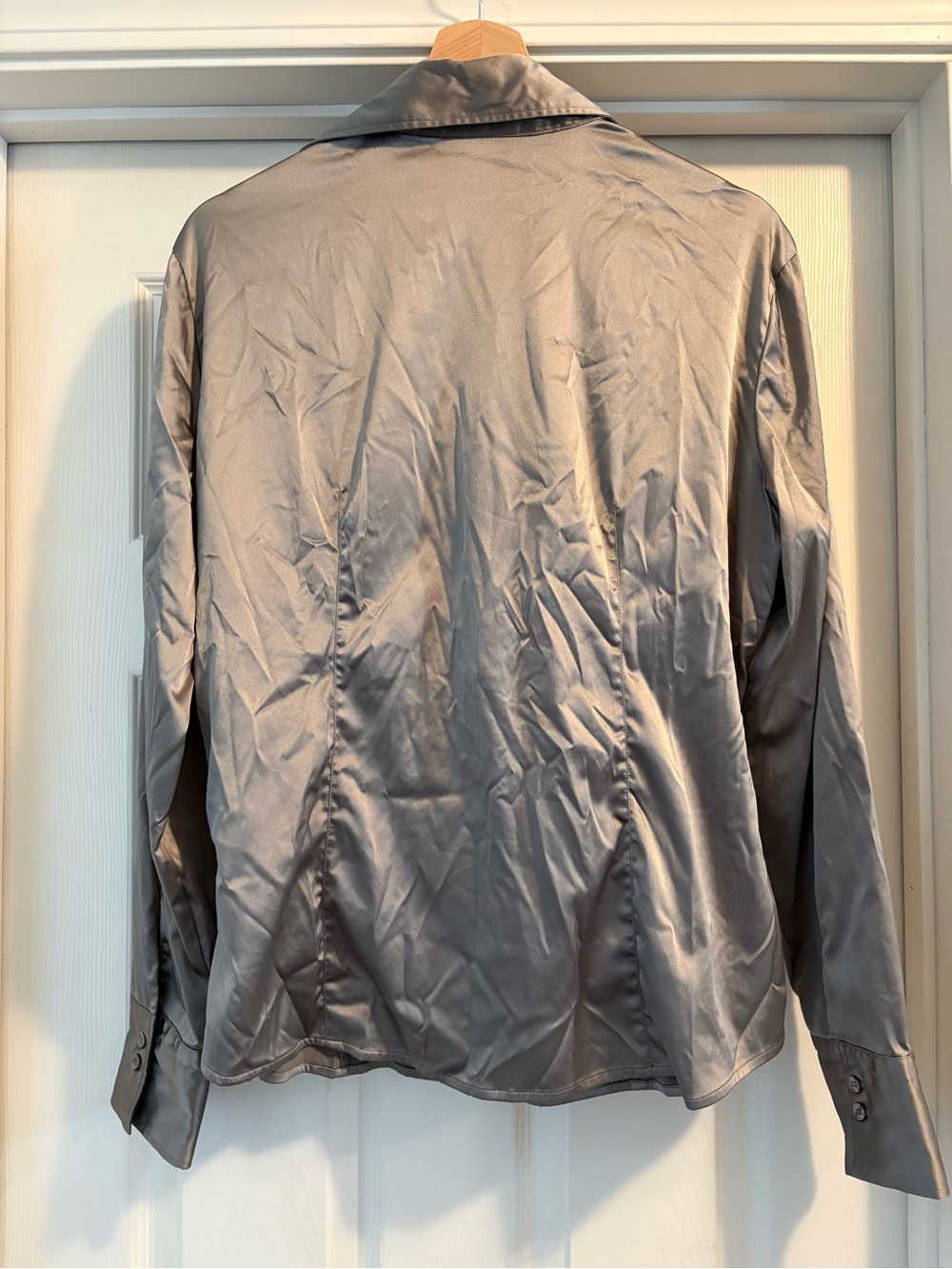 New York & Company Silver Satin Knot-Front Button Down Blouse - Picture 2 of 9